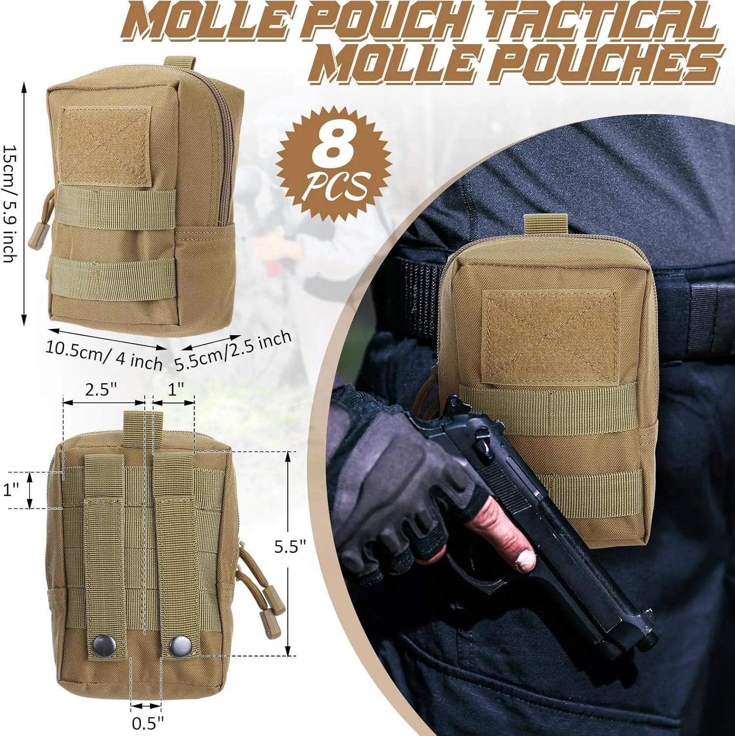 Cunno 8 Pcs Molle Pouches Tactical Molle Pouch Vest Pouch Cell Phone Belt Pouch Waterproof Waist Bag Pack Utility EDC Pouch Bag Compact Accessories Gadget Pocket Organizer