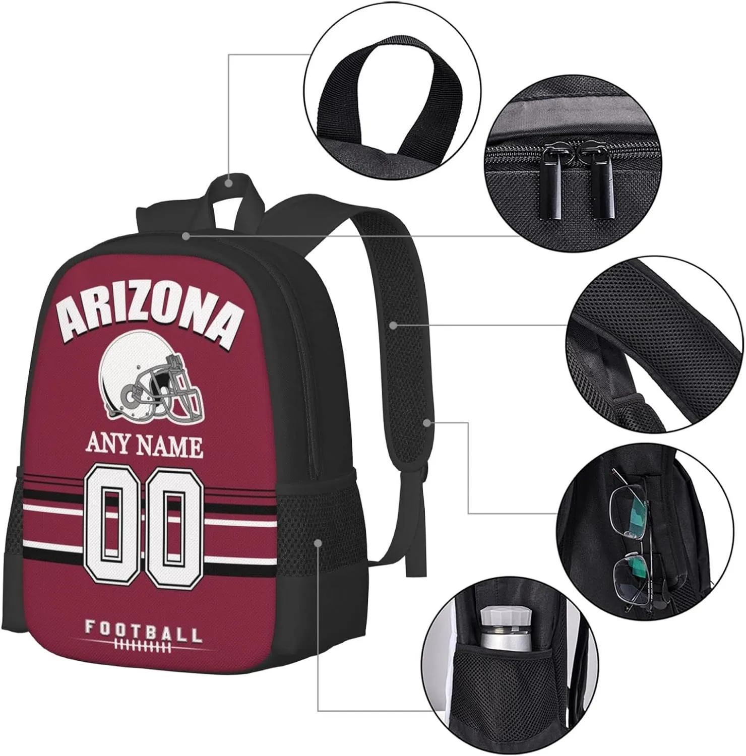 Custom Arizona Backpack for Men Women, Personalized Backpacks with Name and Number, Customized Football Style Backpack Gifts for Fans