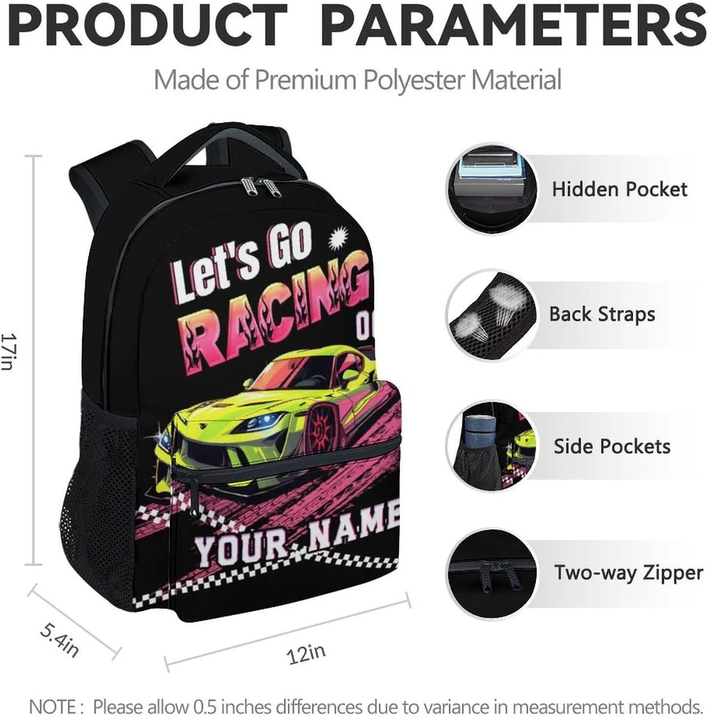 Custom Backpack for Boys, 17 Inch Cool Car Backpacks for Girls, Black Portable Bookbag for Middle High School