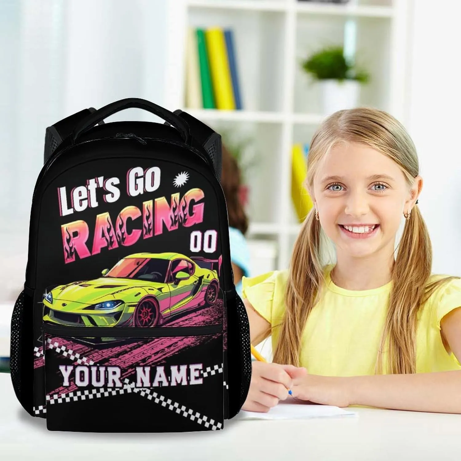 Custom Backpack for Boys, 17 Inch Cool Car Backpacks for Girls, Black Portable Bookbag for Middle High School