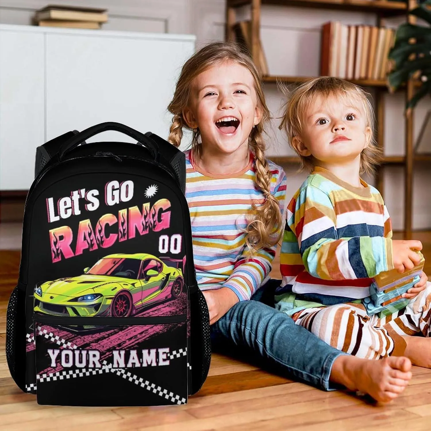 Custom Backpack for Boys, 17 Inch Cool Car Backpacks for Girls, Black Portable Bookbag for Middle High School
