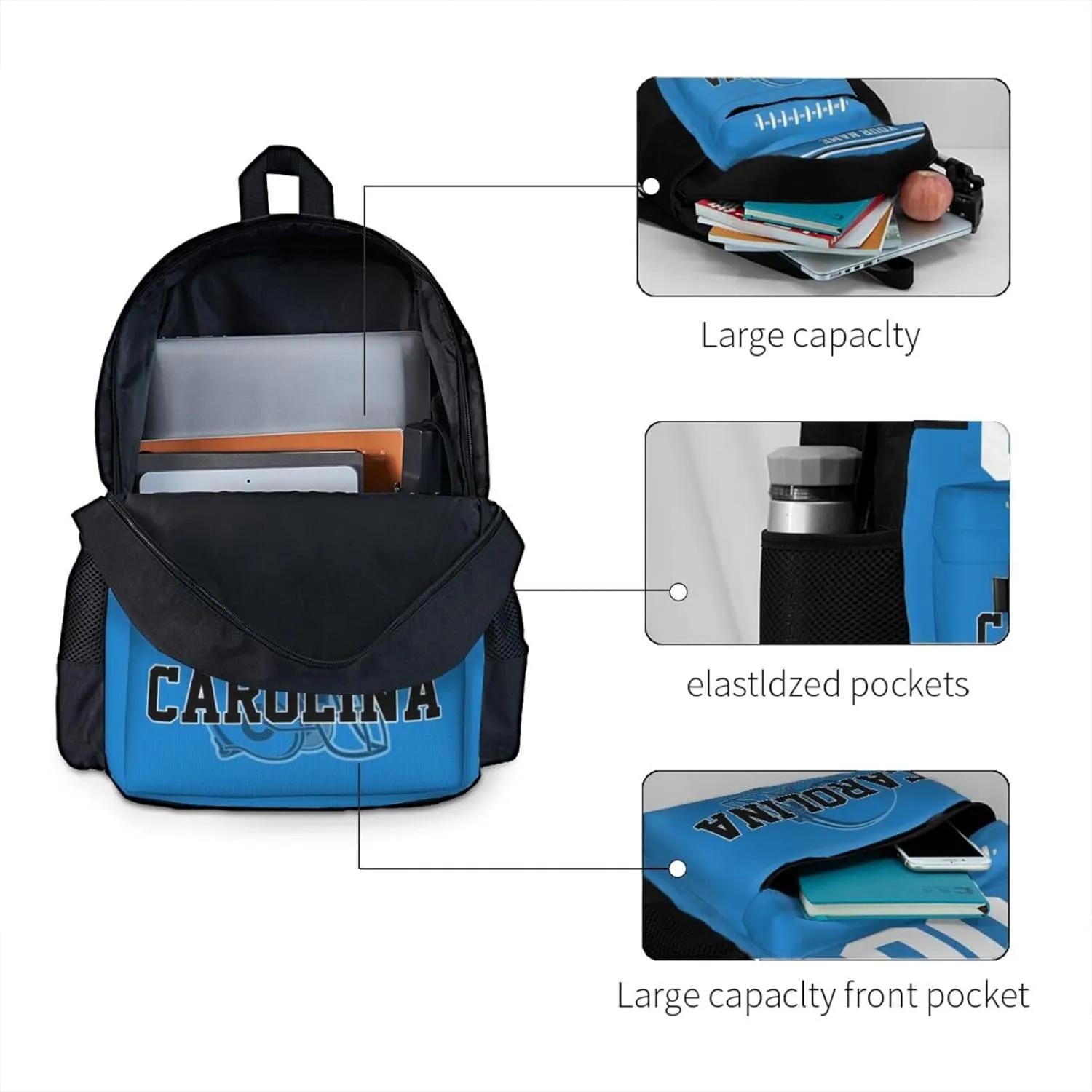 Custom Carolina Backpack for Men Women, Personalized Backpacks with Name and Number, Customize Casual Backpack Gifts for Fans