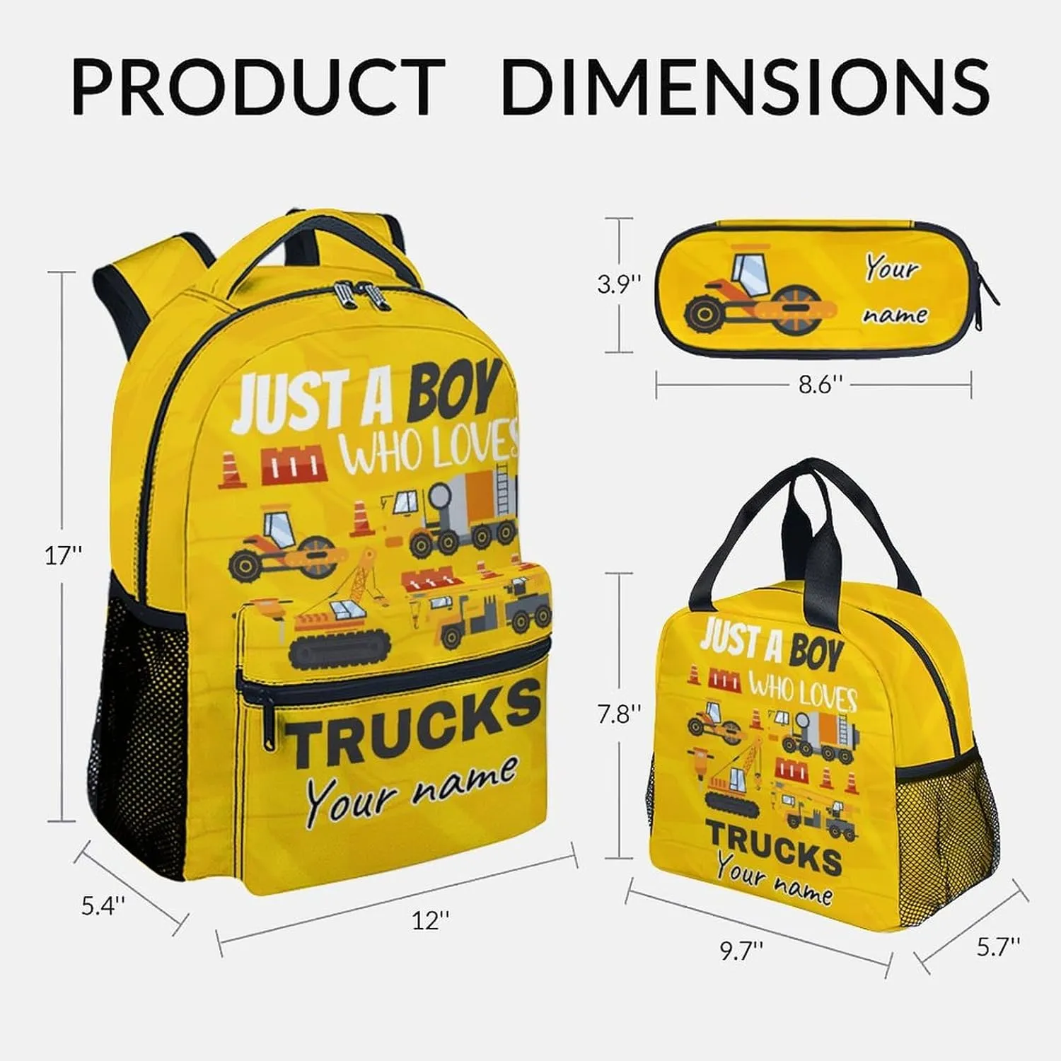 Custom Kid Backpack with Lunch Bag Set for Boys - 3 in 1 Primary Middle Truck School Backpacks Matching Combo - Large Capacity, Durable, Yellow Construction Bookbag and Pencil Case Bundle