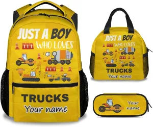 Custom Kid Backpack with Lunch Bag Set for Boys - 3 in 1 Primary Middle Truck School Backpacks Matching Combo - Large Capacity, Durable, Yellow Construction Bookbag and Pencil Case Bundle