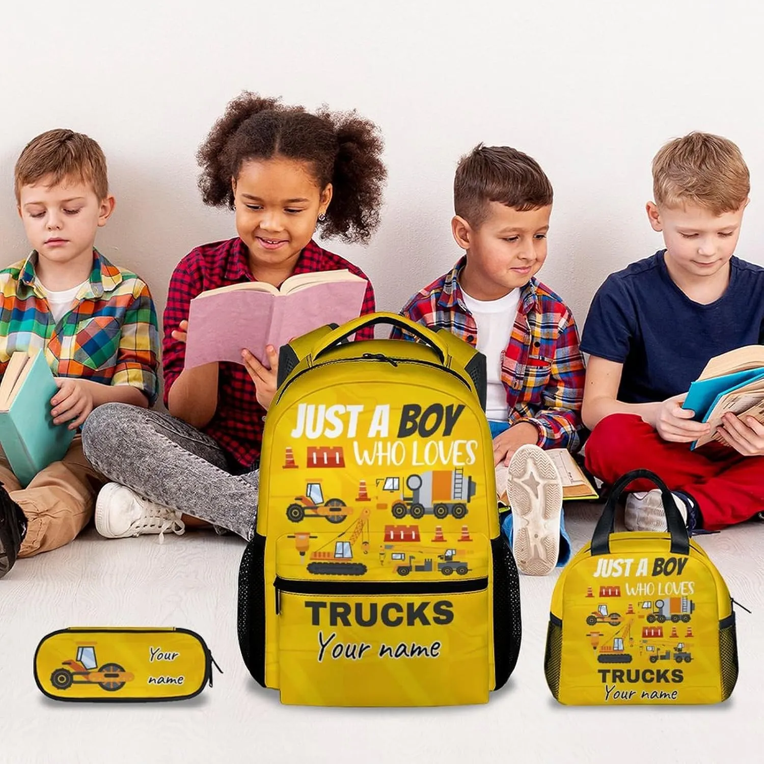 Custom Kid Backpack with Lunch Bag Set for Boys - 3 in 1 Primary Middle Truck School Backpacks Matching Combo - Large Capacity, Durable, Yellow Construction Bookbag and Pencil Case Bundle