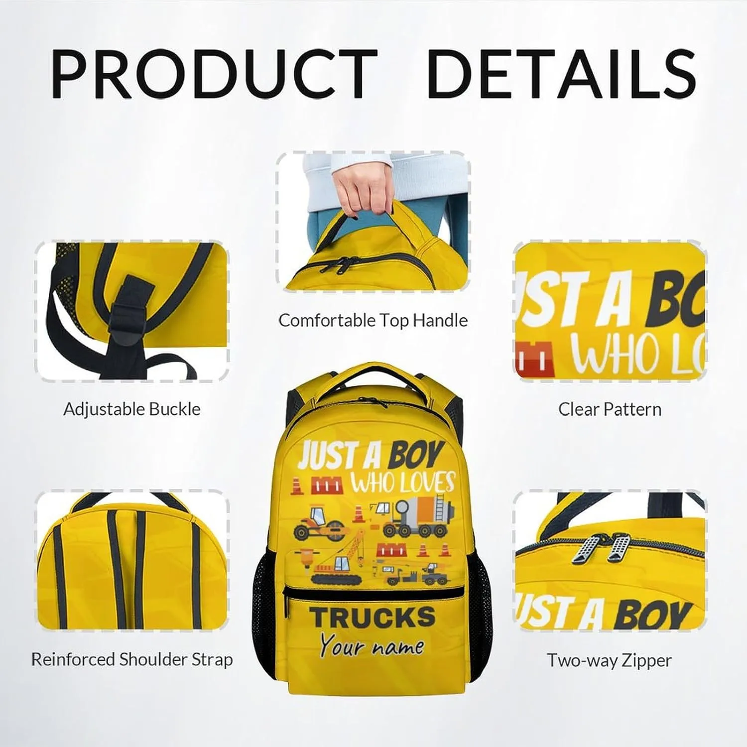 Custom Kid Backpack with Lunch Bag Set for Boys - 3 in 1 Primary Middle Truck School Backpacks Matching Combo - Large Capacity, Durable, Yellow Construction Bookbag and Pencil Case Bundle