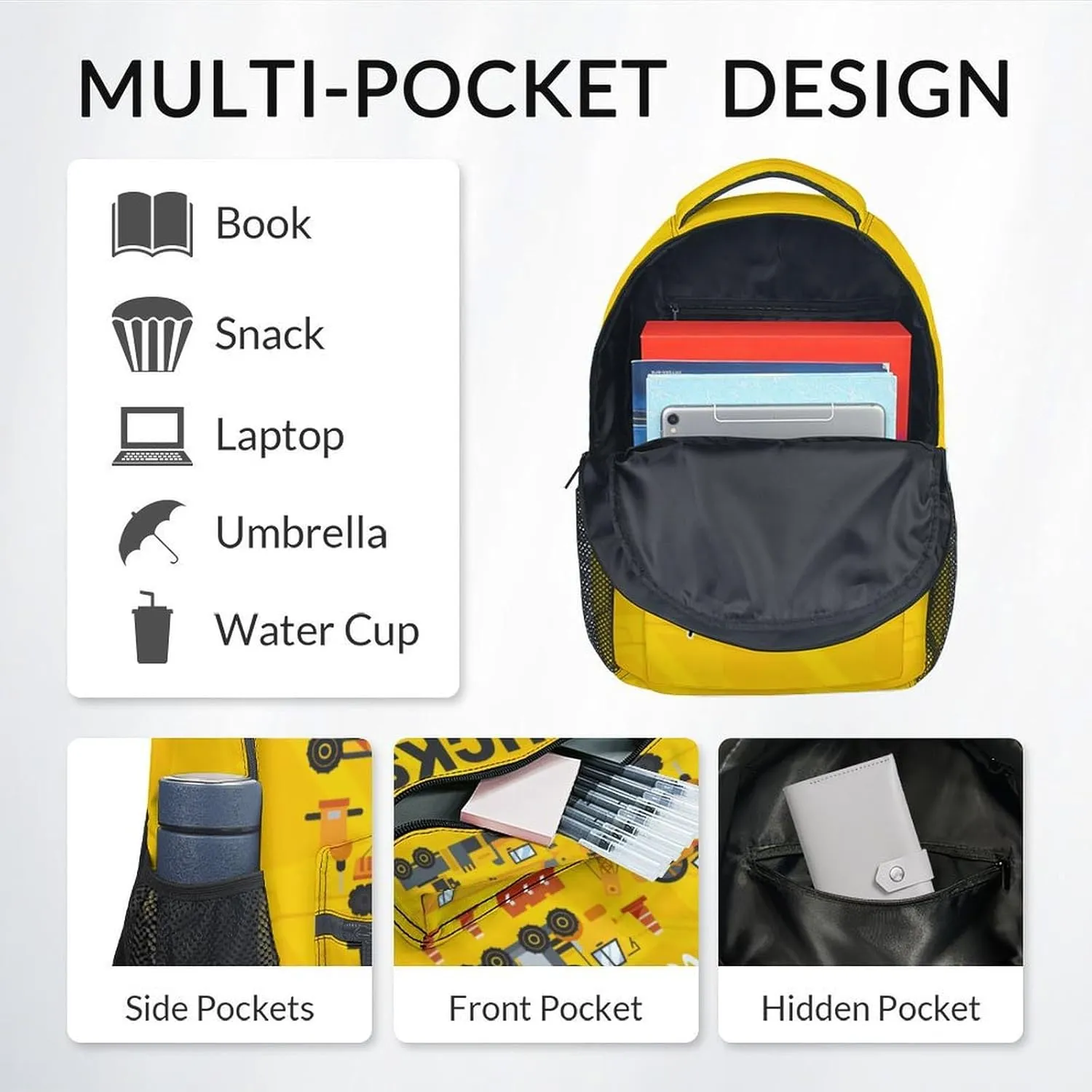 Custom Kid Backpack with Lunch Bag Set for Boys - 3 in 1 Primary Middle Truck School Backpacks Matching Combo - Large Capacity, Durable, Yellow Construction Bookbag and Pencil Case Bundle
