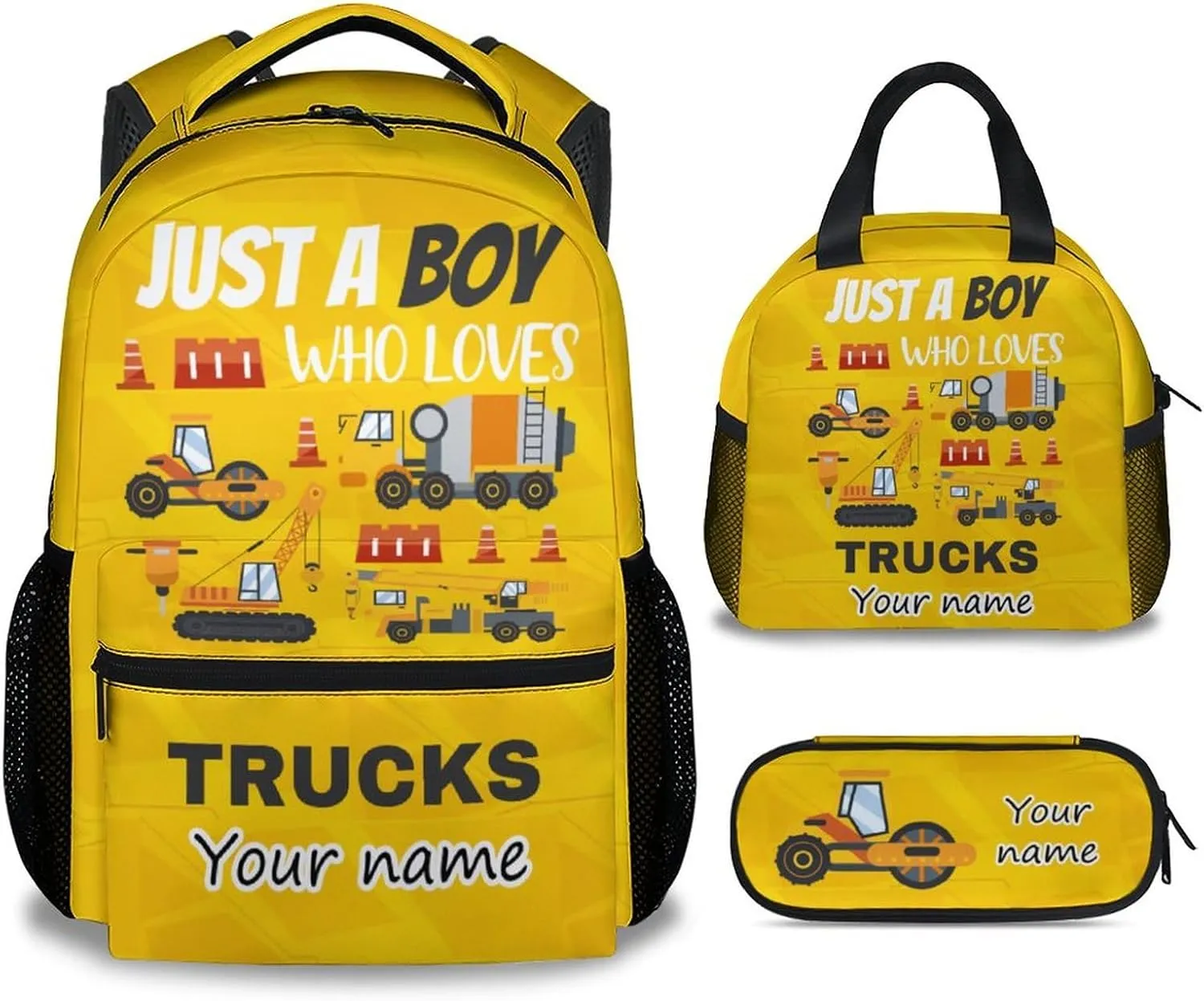 Custom Kid Backpack with Lunch Bag Set for Boys - 3 in 1 Primary Middle Truck School Backpacks Matching Combo - Large Capacity, Durable, Yellow Construction Bookbag and Pencil Case Bundle