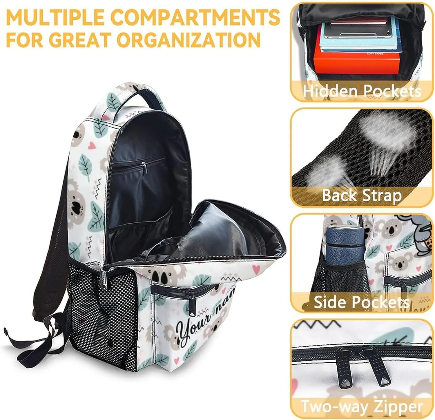 Custom Koala Backpack with Lunch Box, Set of 3 School Backpacks Matching Combo for Girls Boys, Cute White Bookbag and Pencil Case Bundle