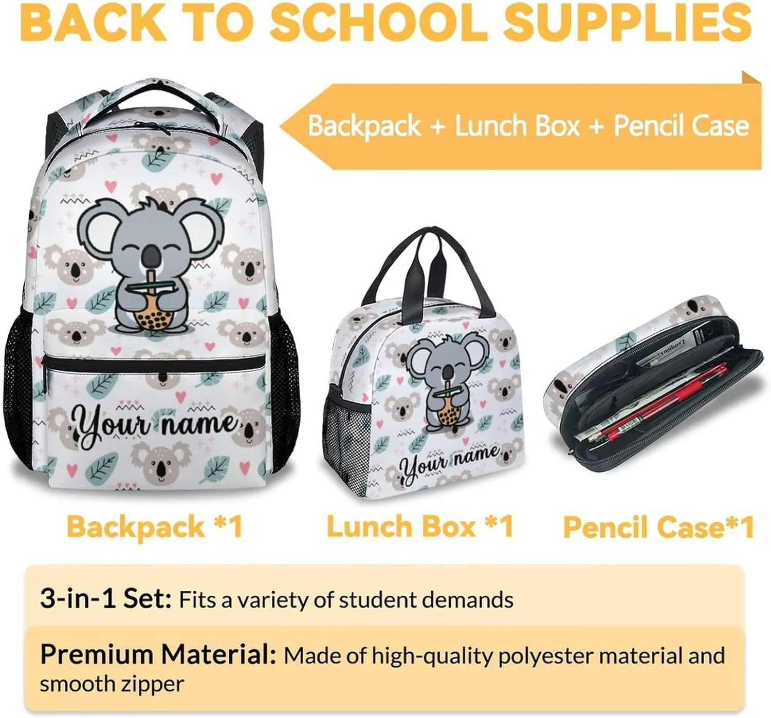 Custom Koala Backpack with Lunch Box, Set of 3 School Backpacks Matching Combo for Girls Boys, Cute White Bookbag and Pencil Case Bundle
