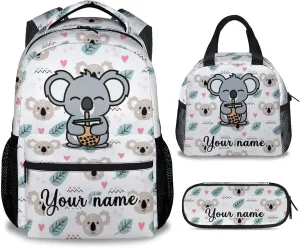 Custom Koala Backpack with Lunch Box, Set of 3 School Backpacks Matching Combo for Girls Boys, Cute White Bookbag and Pencil Case Bundle
