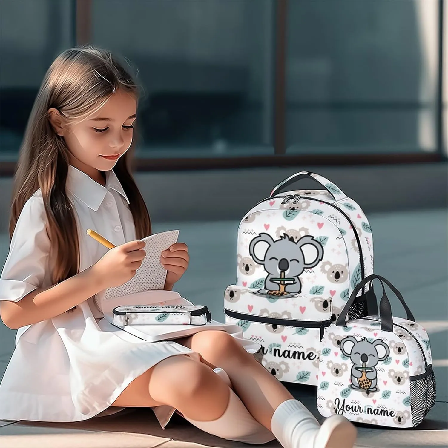 Custom Koala Backpack with Lunch Box, Set of 3 School Backpacks Matching Combo for Girls Boys, Cute White Bookbag and Pencil Case Bundle