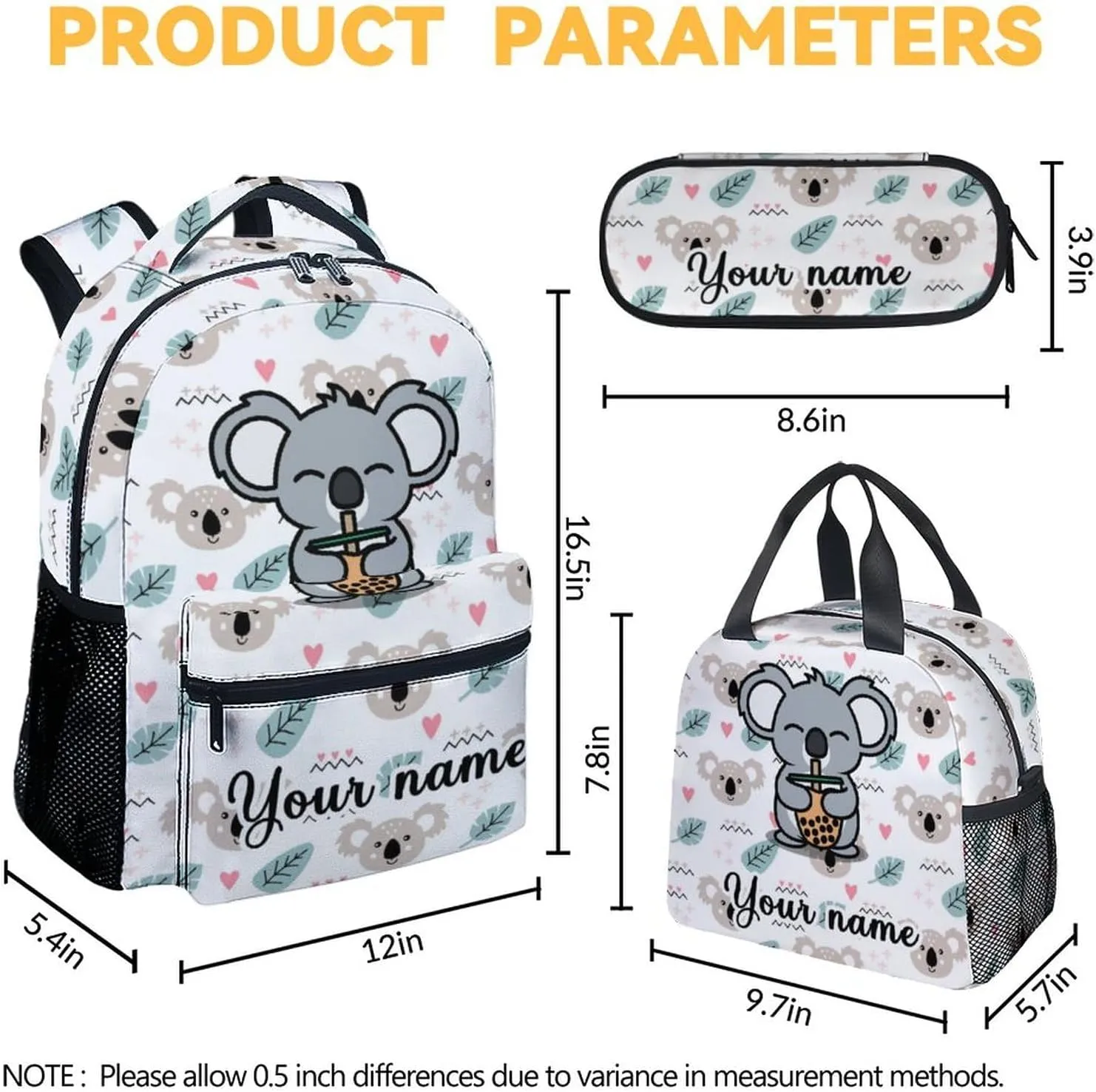 Custom Koala Backpack with Lunch Box, Set of 3 School Backpacks Matching Combo for Girls Boys, Cute White Bookbag and Pencil Case Bundle