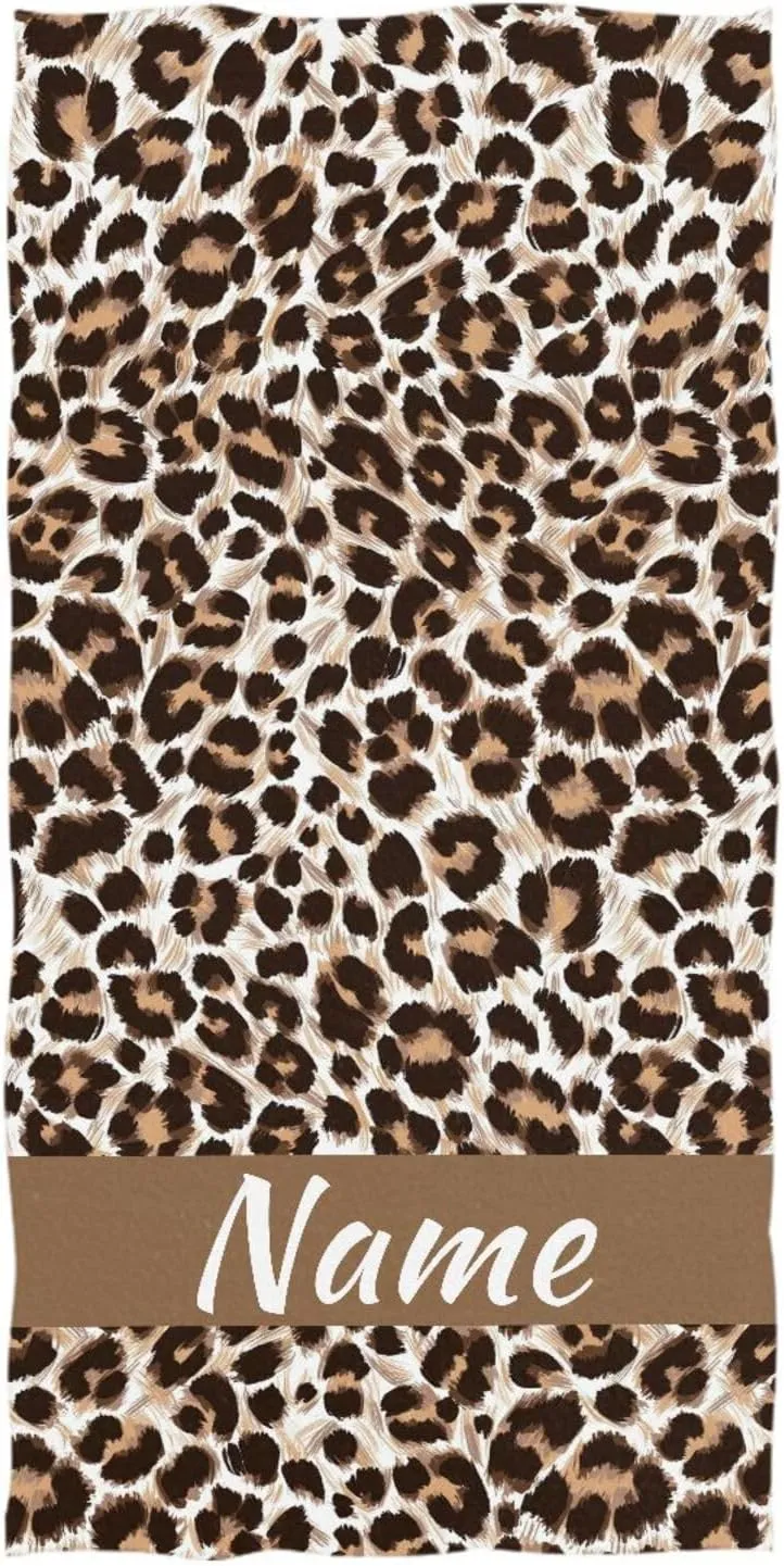 Custom Leopard Cheetah Print Beach Towel 31" x 71", Super Absorbent Personalized Your Name Bath Towel Quick Dry Lightweight Towel for Beach Yoga Travel Swim Camping Holiday