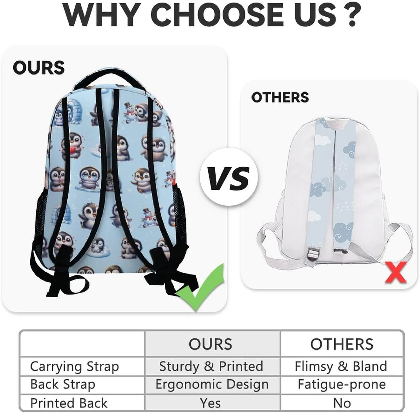 Custom School Backpack for Kids Girls, 17 Inch Penguin Backpacks for Kindergarten, Cute Lightweight Durable Bookbag for Middle School