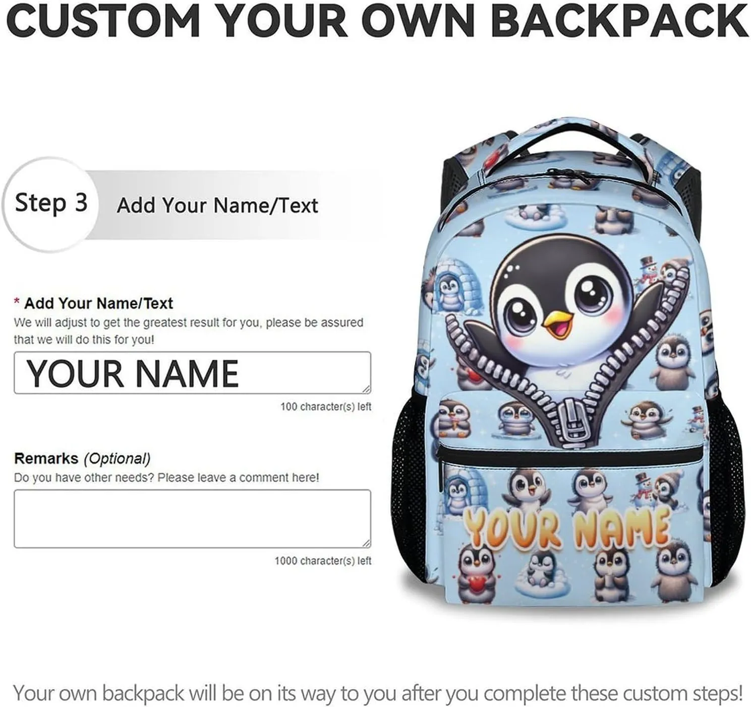 Custom School Backpack for Kids Girls, 17 Inch Penguin Backpacks for Kindergarten, Cute Lightweight Durable Bookbag for Middle School