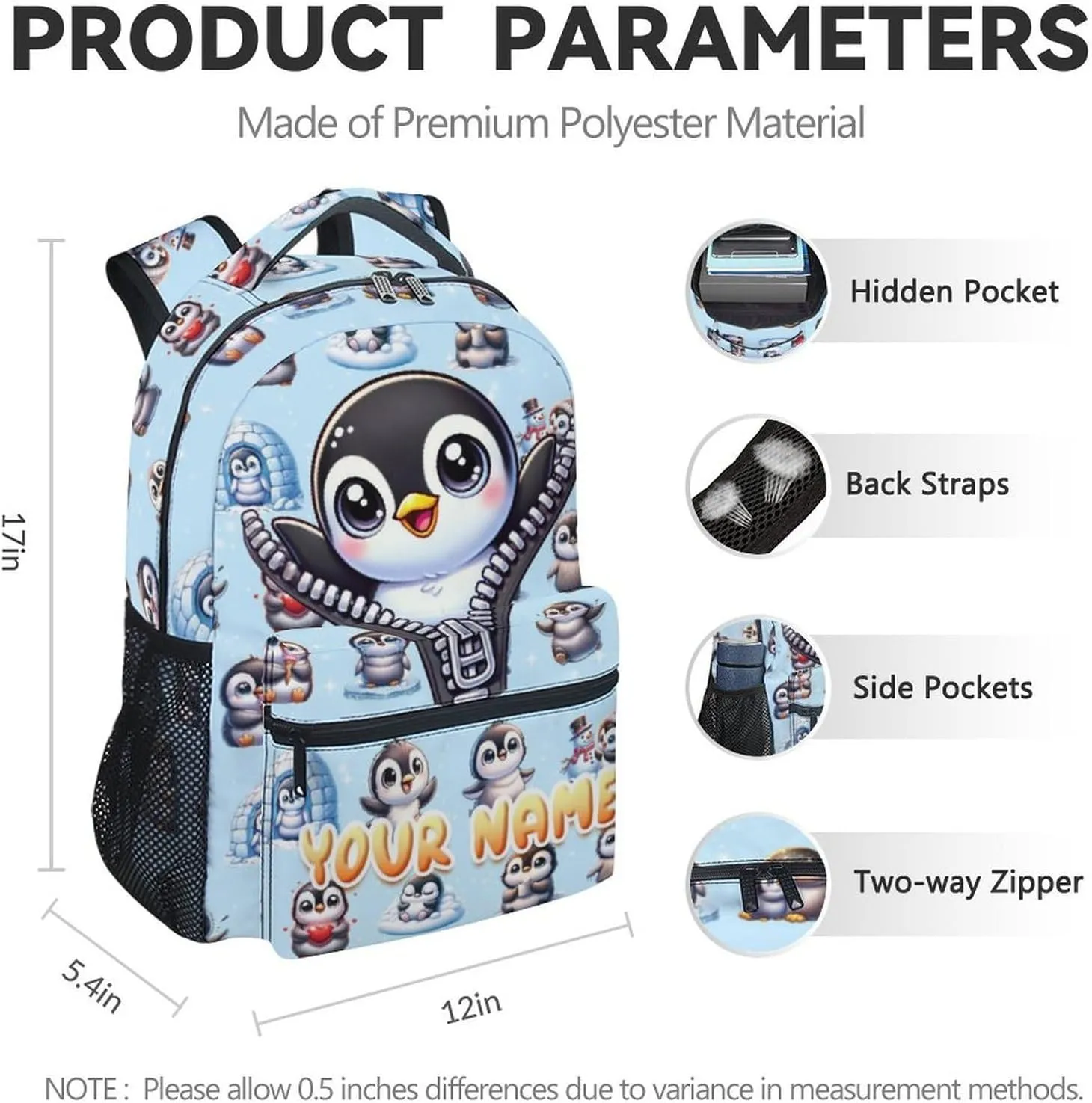 Custom School Backpack for Kids Girls, 17 Inch Penguin Backpacks for Kindergarten, Cute Lightweight Durable Bookbag for Middle School