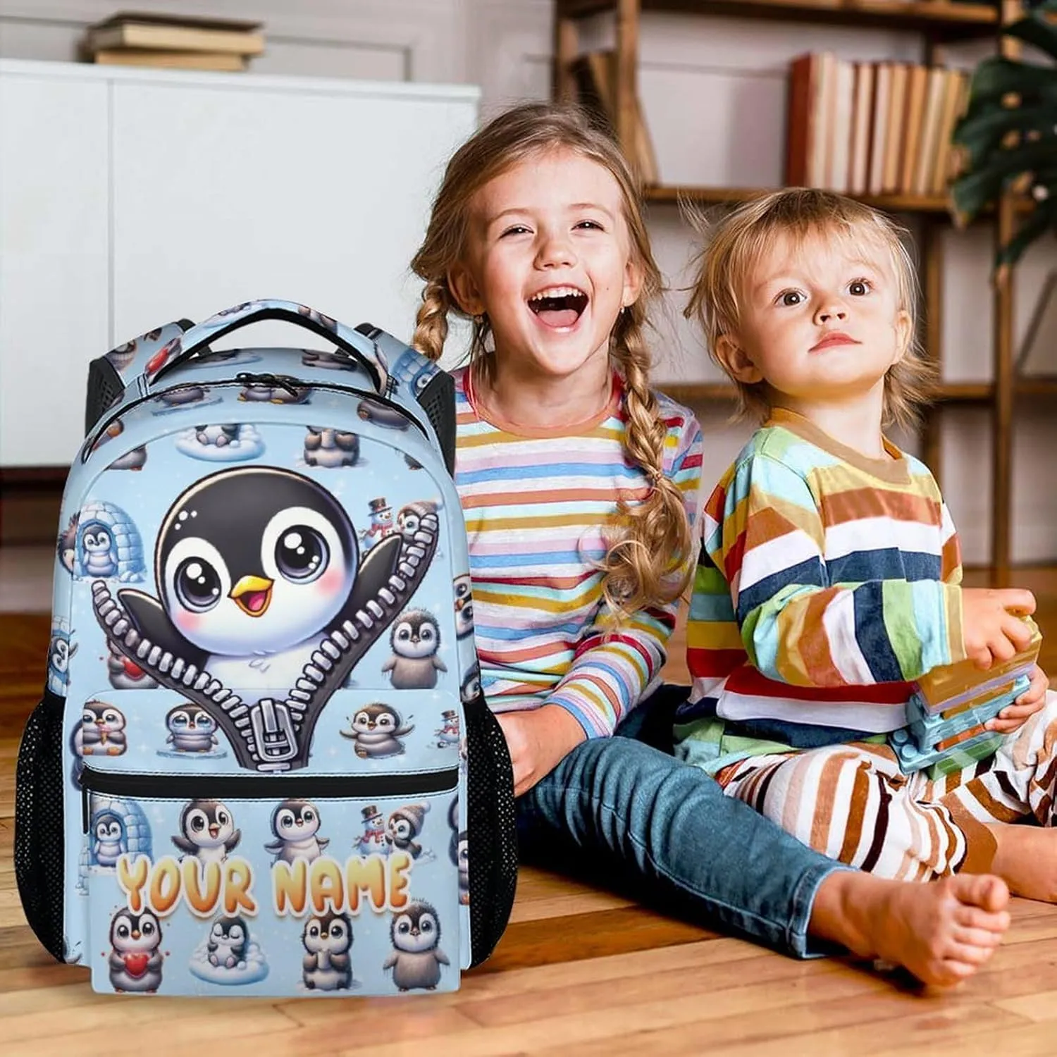 Custom School Backpack for Kids Girls, 17 Inch Penguin Backpacks for Kindergarten, Cute Lightweight Durable Bookbag for Middle School