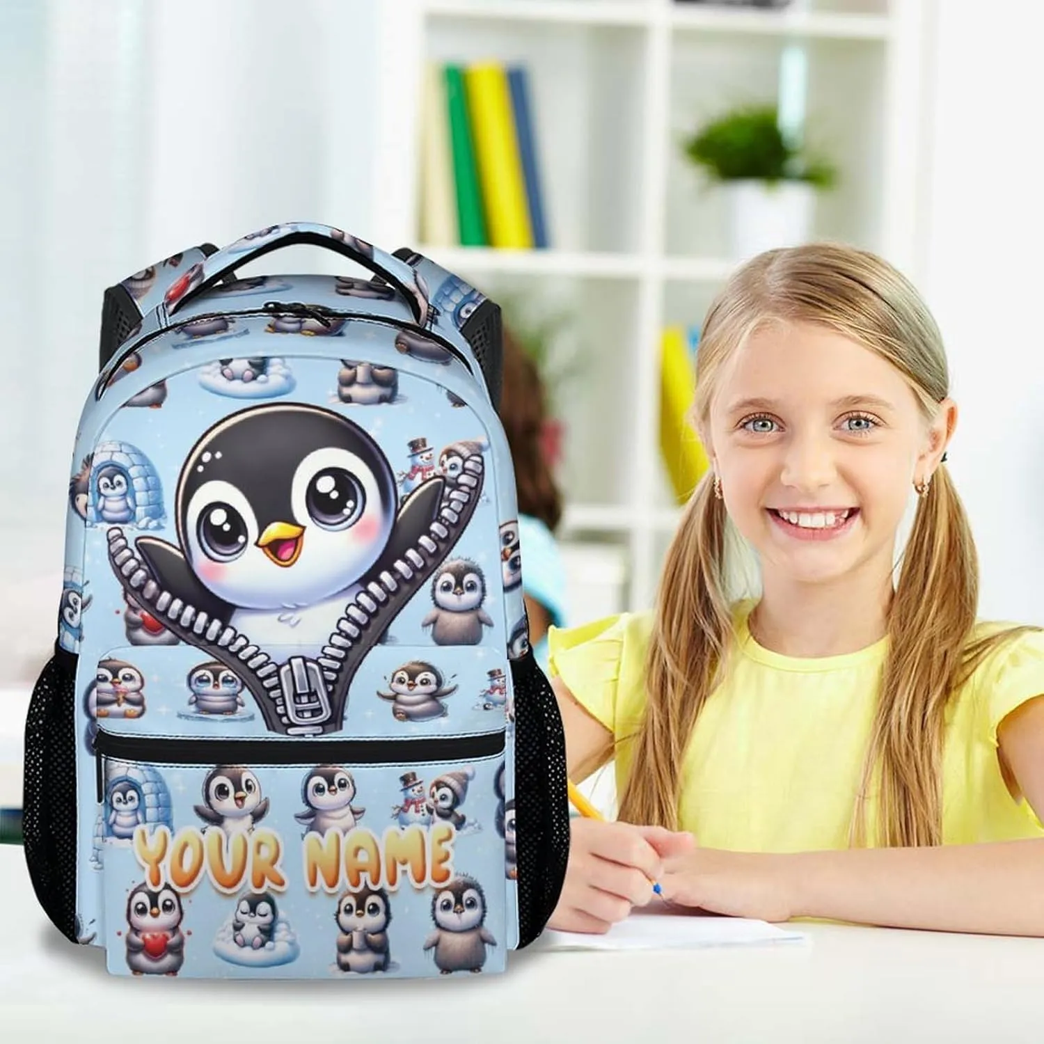 Custom School Backpack for Kids Girls, 17 Inch Penguin Backpacks for Kindergarten, Cute Lightweight Durable Bookbag for Middle School