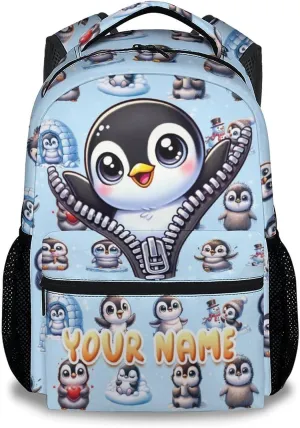 Custom School Backpack for Kids Girls, 17 Inch Penguin Backpacks for Kindergarten, Cute Lightweight Durable Bookbag for Middle School