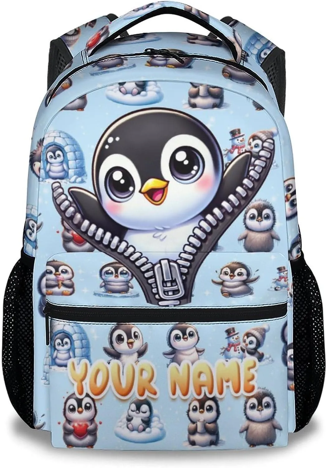 Custom School Backpack for Kids Girls, 17 Inch Penguin Backpacks for Kindergarten, Cute Lightweight Durable Bookbag for Middle School