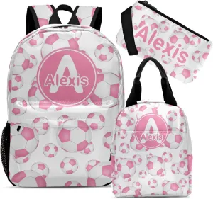 Customized Football Soccer Pink Girl Backpacks Set with Name Multifunctional Series Pack 1Casual Pack  1Lunch Handbag  1Pencil Case
