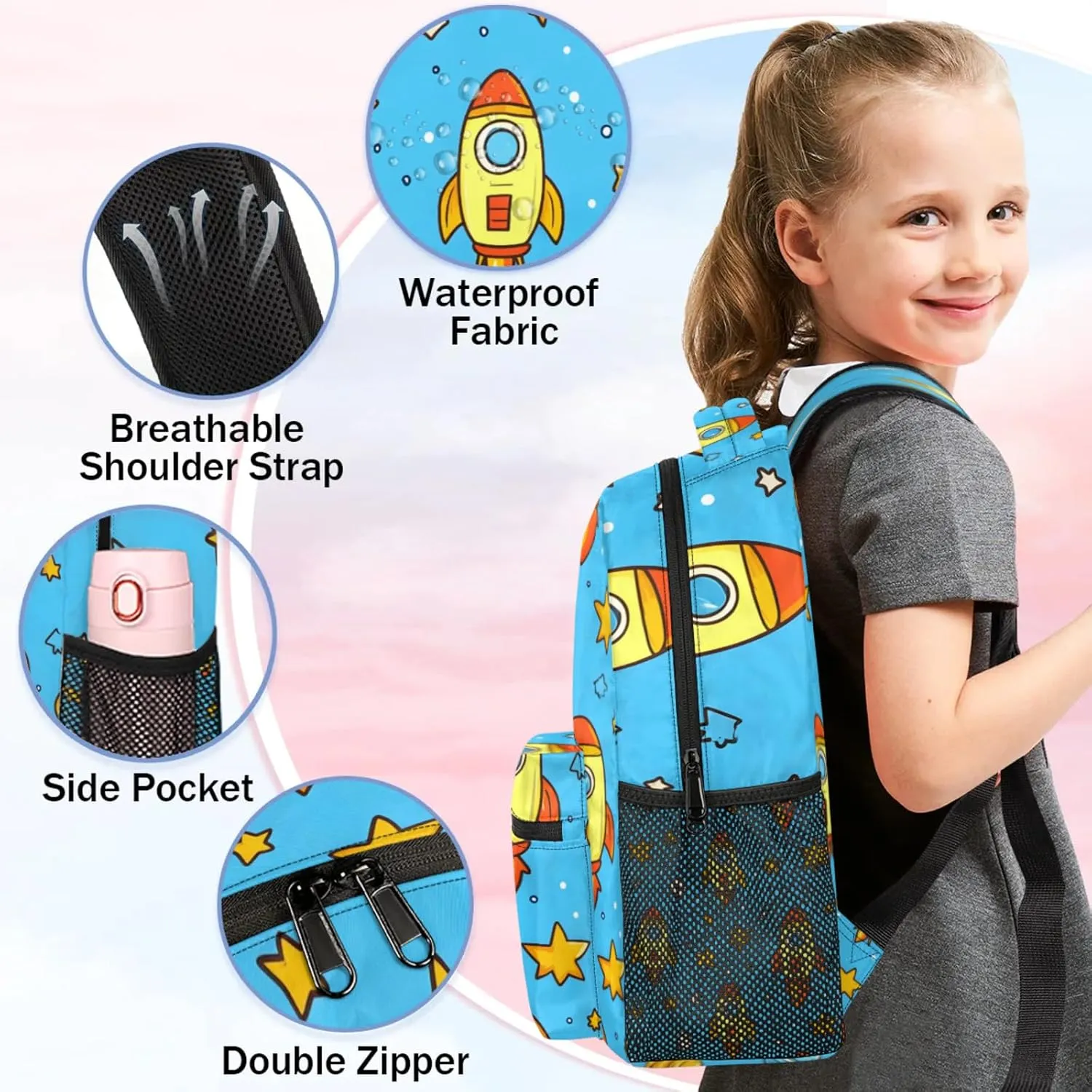 Cute Cartoon Rocket Large Backpack Fashion Travel Backpacks for Business Women Men Casual Laptop Bag Waterproof Lightweight Shoulder Bags 16in