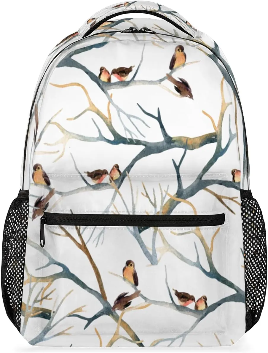 Cute Sparrows Branches Prints Backpack, Winter Birds Fashion Laptop Backpacks Travel Bag Women College Casual Bag Hiking Camping Daypack