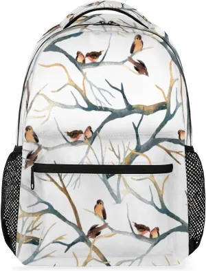 Cute Sparrows Branches Prints Backpack, Winter Birds Fashion Laptop Backpacks Travel Bag Women College Casual Bag Hiking Camping Daypack