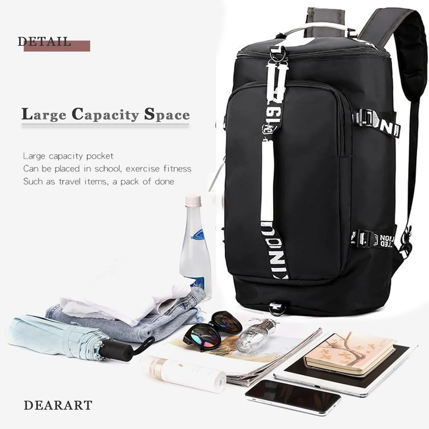 DEARART Gym Bag Backpack Duffel Bags Waterproof with Shoes Compartment, Four Fashion Carried Ways for Travel Sport Gym College, Black