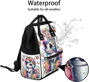 Diaper Bag Backpack Animal Unicorn Flowers Baby Bag for Boys& Girls, Waterproof Mummy Bag, Baby Nappy Changing Bags, Large Capacity Tote Handbags Casual Travel Backpacks for Mom Dad Unisex