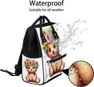 Diaper Bag Backpack Flowers Cute Animals Baby Bag for Boys& Girls, Waterproof Mummy Bag, Baby Nappy Changing Bags, Large Capacity Tote Handbags Casual Travel Backpacks for Mom Dad Unisex