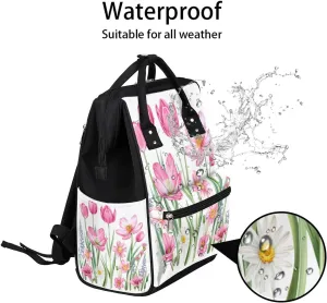 Diaper Bag Backpack Flowers Watercolor Pink Baby Bag for Boys& Girls, Waterproof Mummy Bag, Baby Nappy Changing Bags, Large Capacity Tote Handbags Casual Travel Backpacks for Mom Dad Unisex