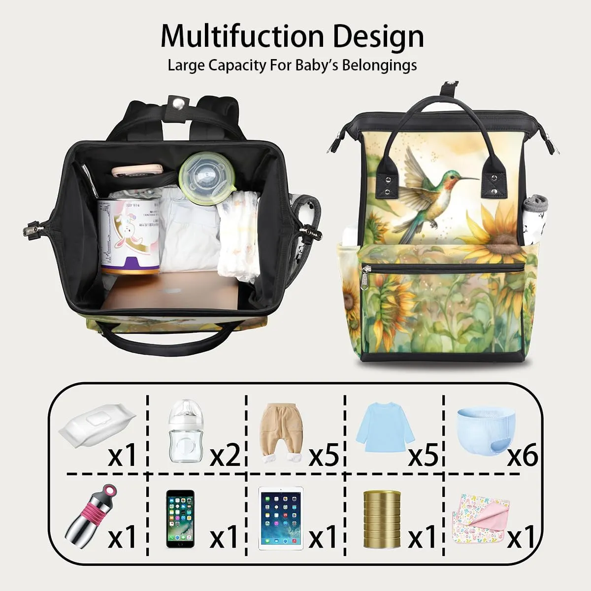Diaper Bag Backpack for Mon and Dad Hummingbirds Print Travel Diaper Tote Bags Multi Function Waterproof Backpacks Newborn Essentials