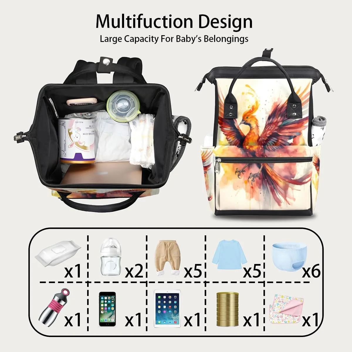 Diaper Bag Backpack for Mon and Dad Phoenix Design Travel Diaper Tote Bags Multi Function Waterproof Backpacks Newborn Essentials