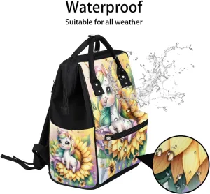 Diaper Bag Backpack Unicorn Flower Sunflower Baby Bag for Boys& Girls, Waterproof Mummy Bag, Baby Nappy Changing Bags, Large Capacity Tote Handbags Casual Travel Backpacks for Mom Dad Unisex
