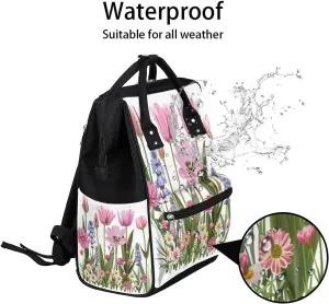 Diaper Bag Backpack Watercolor Pink Flowers Baby Bag for Boys& Girls, Waterproof Mummy Bag, Baby Nappy Changing Bags, Large Capacity Tote Handbags Casual Travel Backpacks for Mom Dad Unisex