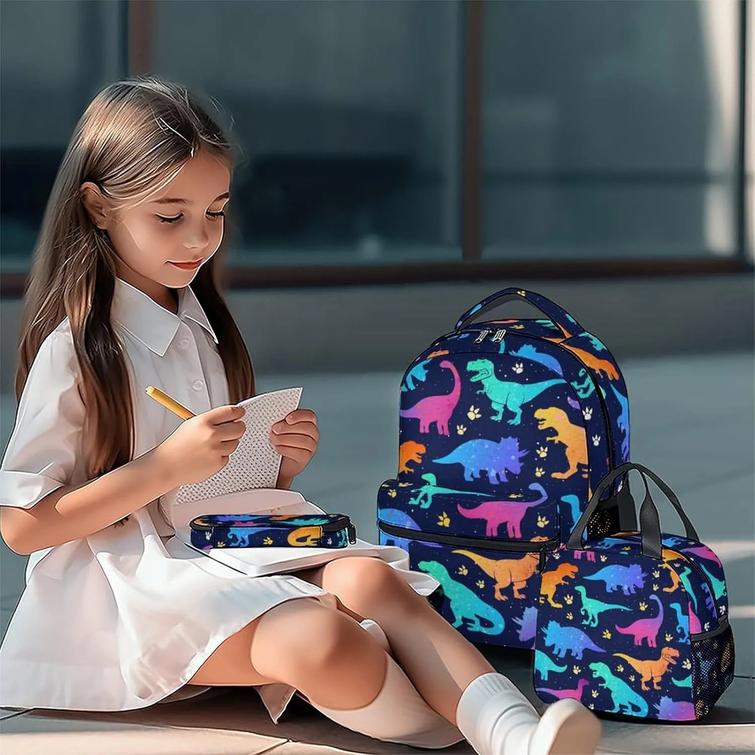 Dinosaur Backpack for Boys Girls, School Backpack with Lunch Box Set, 17 Inch Kids Bookbag for Elementary Middle School, Funny, Colorful Durable Girls Dinosaur Backpacks