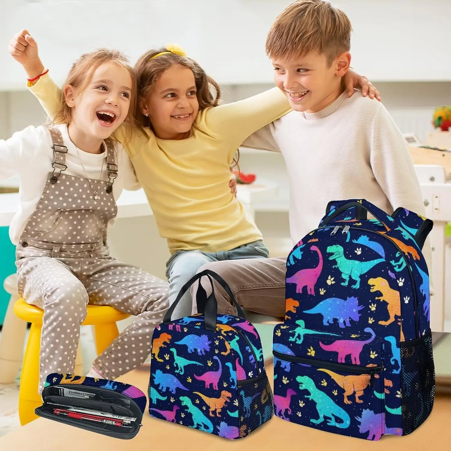 Dinosaur Backpack for Boys Girls, School Backpack with Lunch Box Set, 17 Inch Kids Bookbag for Elementary Middle School, Funny, Colorful Durable Girls Dinosaur Backpacks