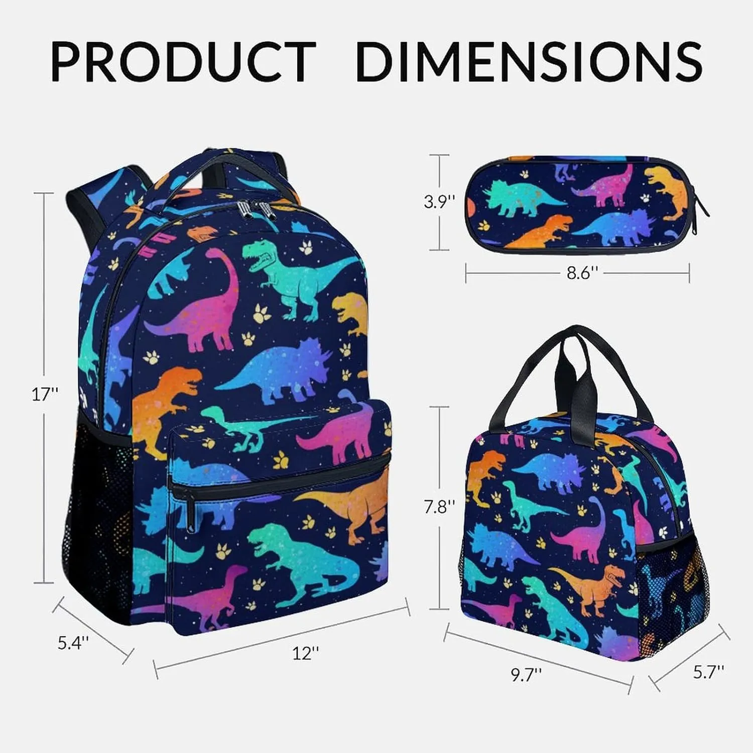 Dinosaur Backpack for Boys Girls, School Backpack with Lunch Box Set, 17 Inch Kids Bookbag for Elementary Middle School, Funny, Colorful Durable Girls Dinosaur Backpacks