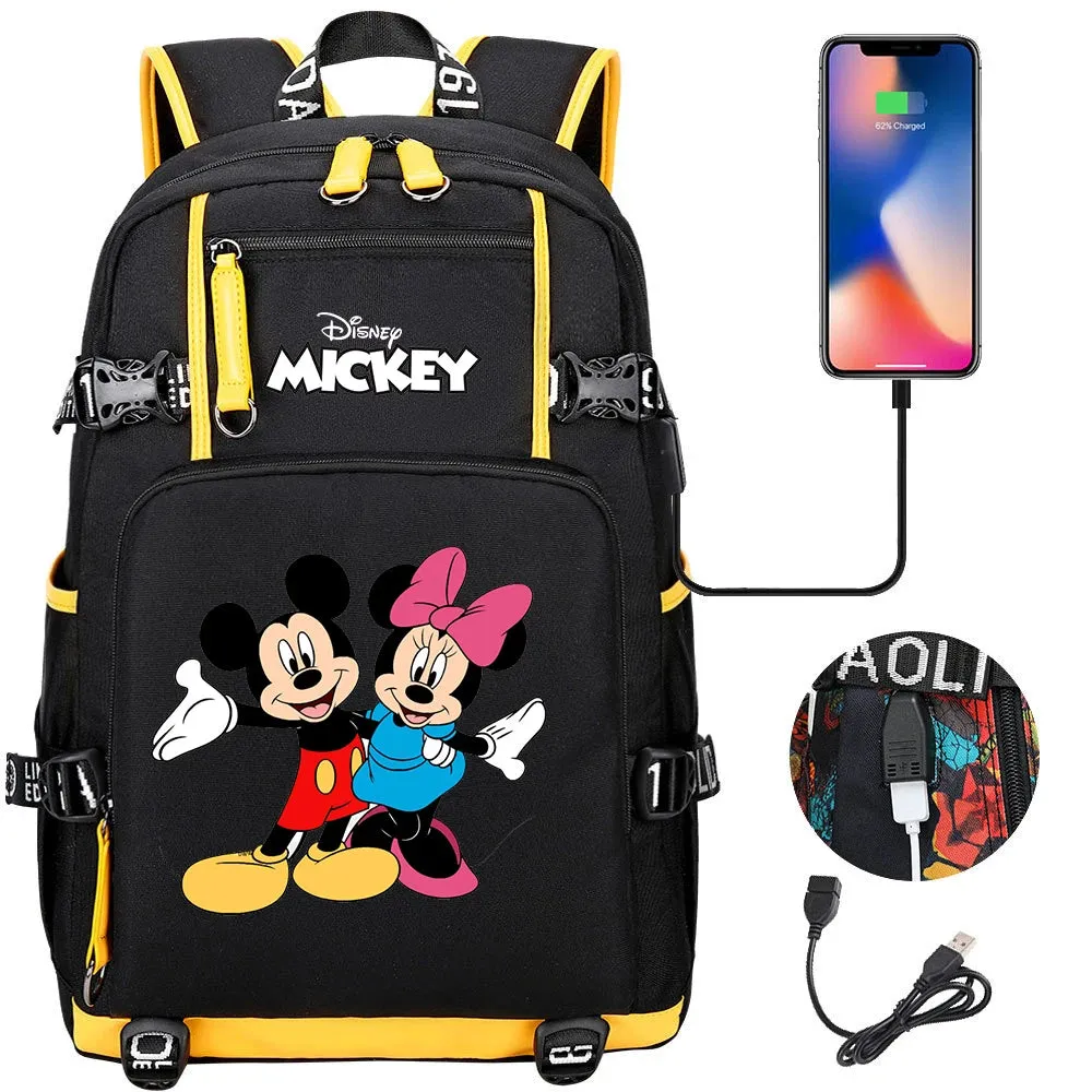 Disney Mickey Minnie School Travel Bags Large Waterproof Multifunction USB Charging Backpacks
