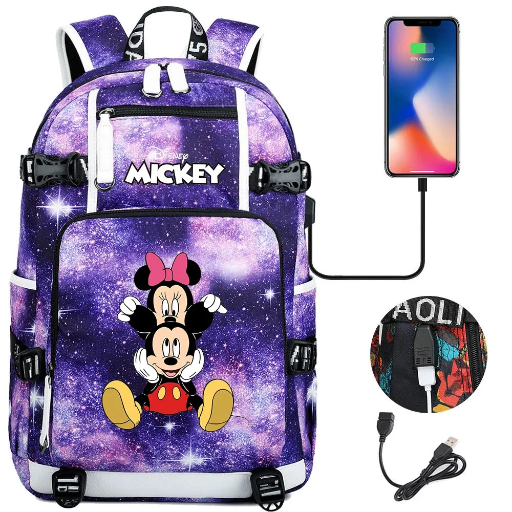 Disney Mickey Minnie School Travel Bags Large Waterproof Multifunction USB Charging Backpacks