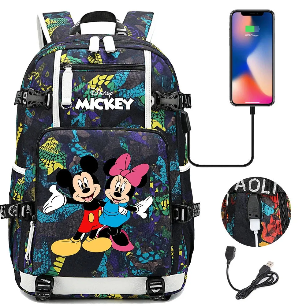 Disney Mickey Minnie School Travel Bags Large Waterproof Multifunction USB Charging Backpacks