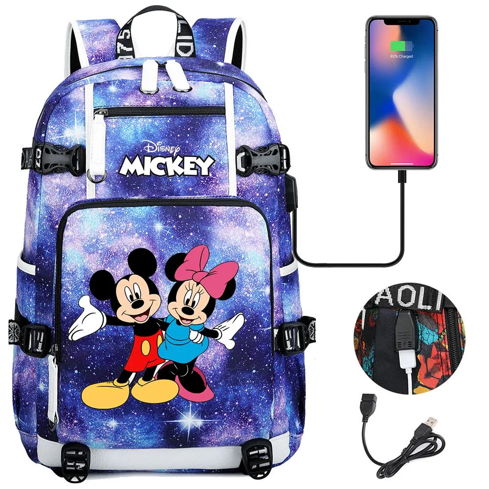 Disney Mickey Minnie School Travel Bags Large Waterproof Multifunction USB Charging Backpacks