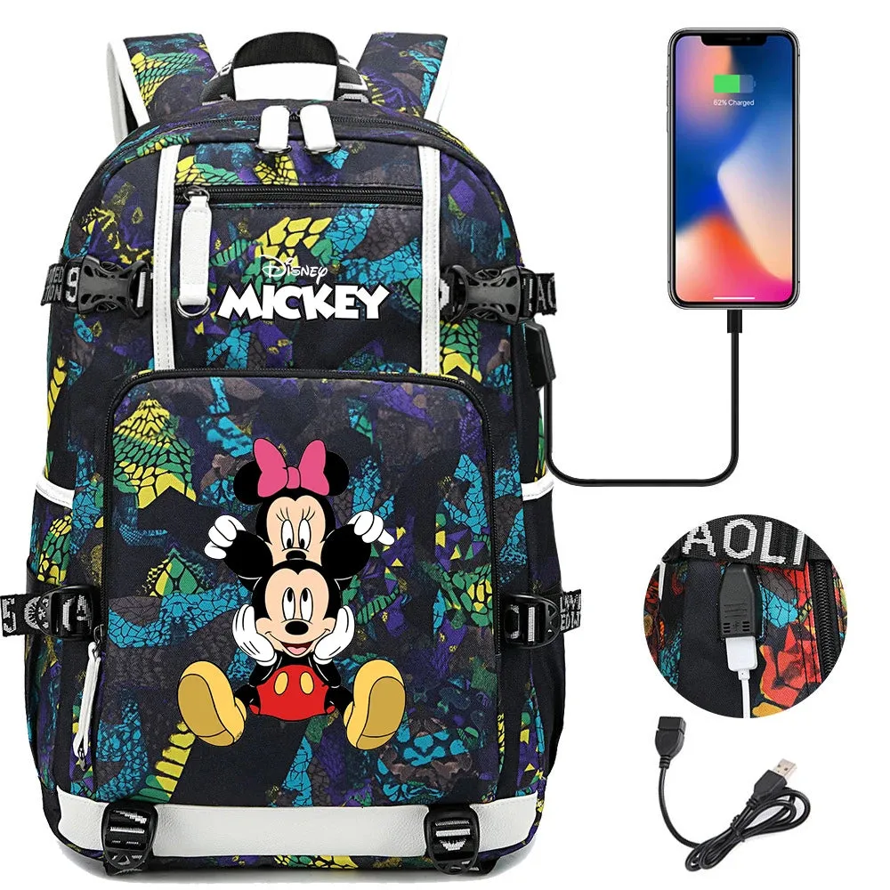 Disney Mickey Minnie School Travel Bags Large Waterproof Multifunction USB Charging Backpacks