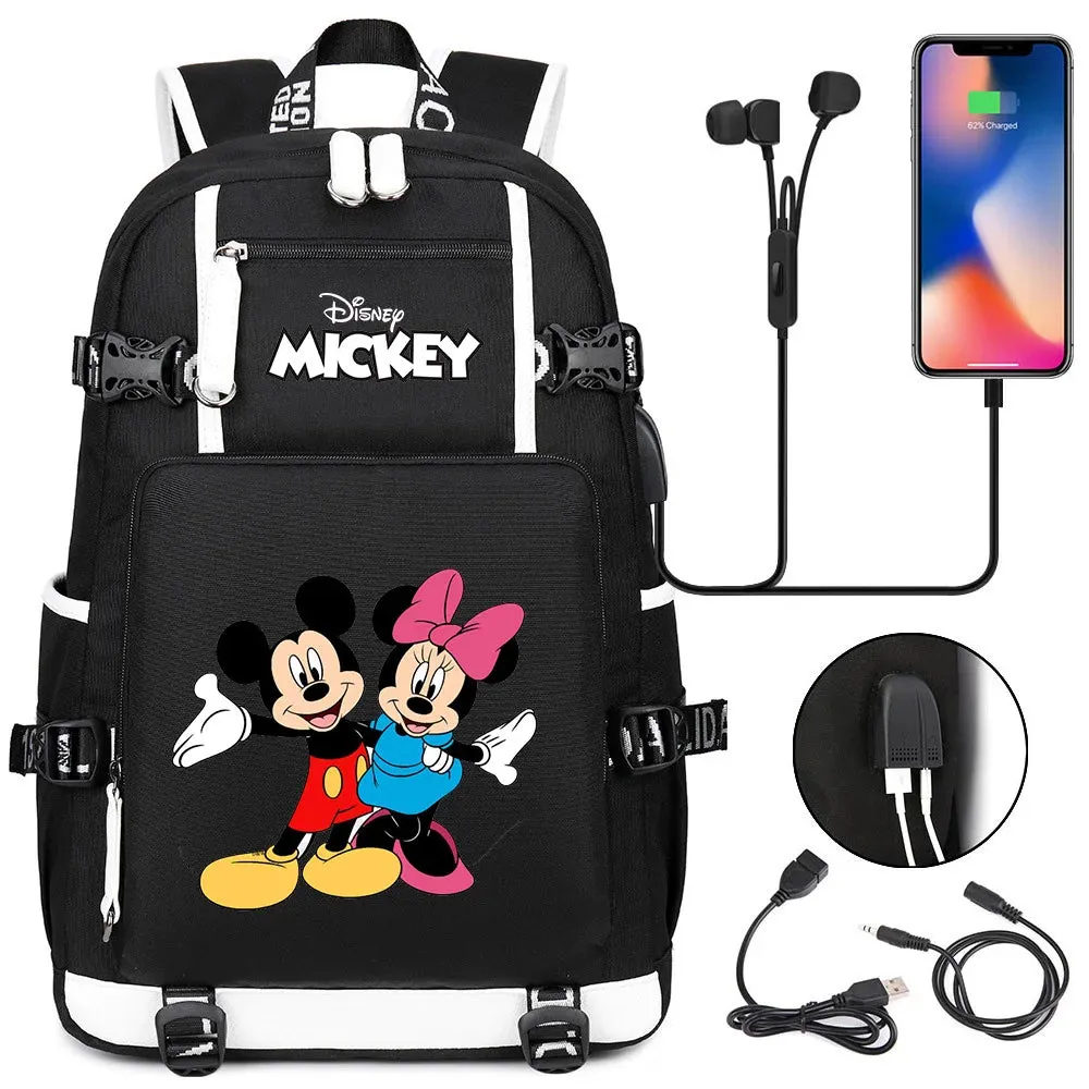 Disney Mickey Minnie School Travel Bags Large Waterproof Multifunction USB Charging Backpacks