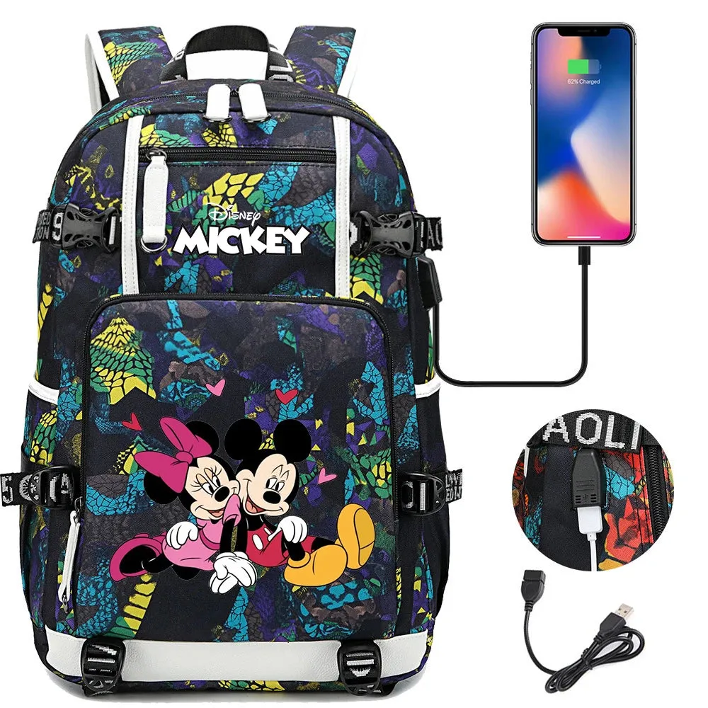 Disney Mickey Minnie School Travel Bags Large Waterproof Multifunction USB Charging Backpacks