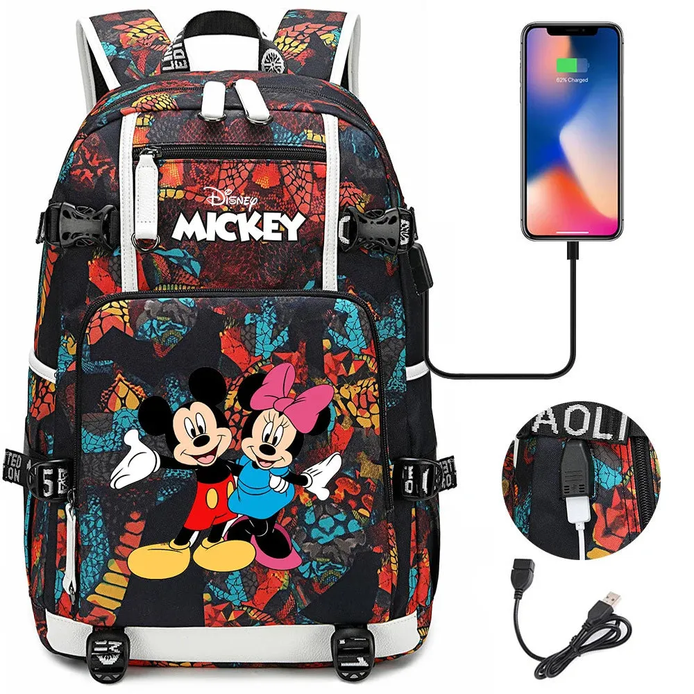 Disney Mickey Minnie School Travel Bags Large Waterproof Multifunction USB Charging Backpacks