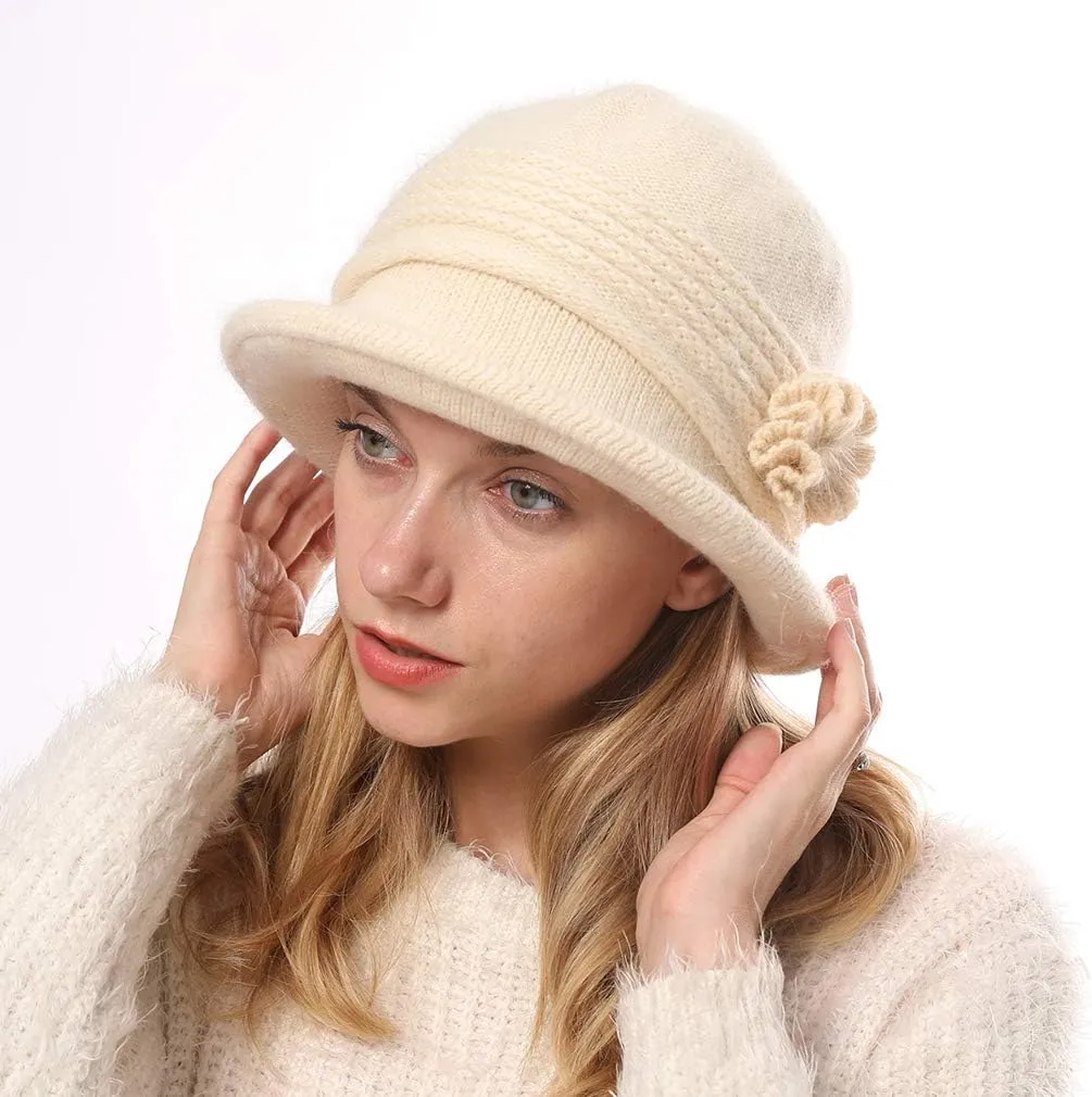 DOCILA Fashion Women Flower Cloche Caps Warm Knit Bucket Bowler Hats Vintage Wrinkled Beanie Caps