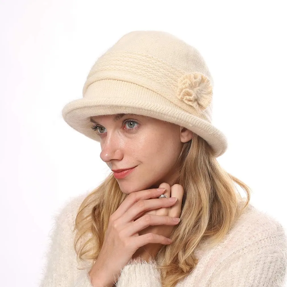 DOCILA Fashion Women Flower Cloche Caps Warm Knit Bucket Bowler Hats Vintage Wrinkled Beanie Caps